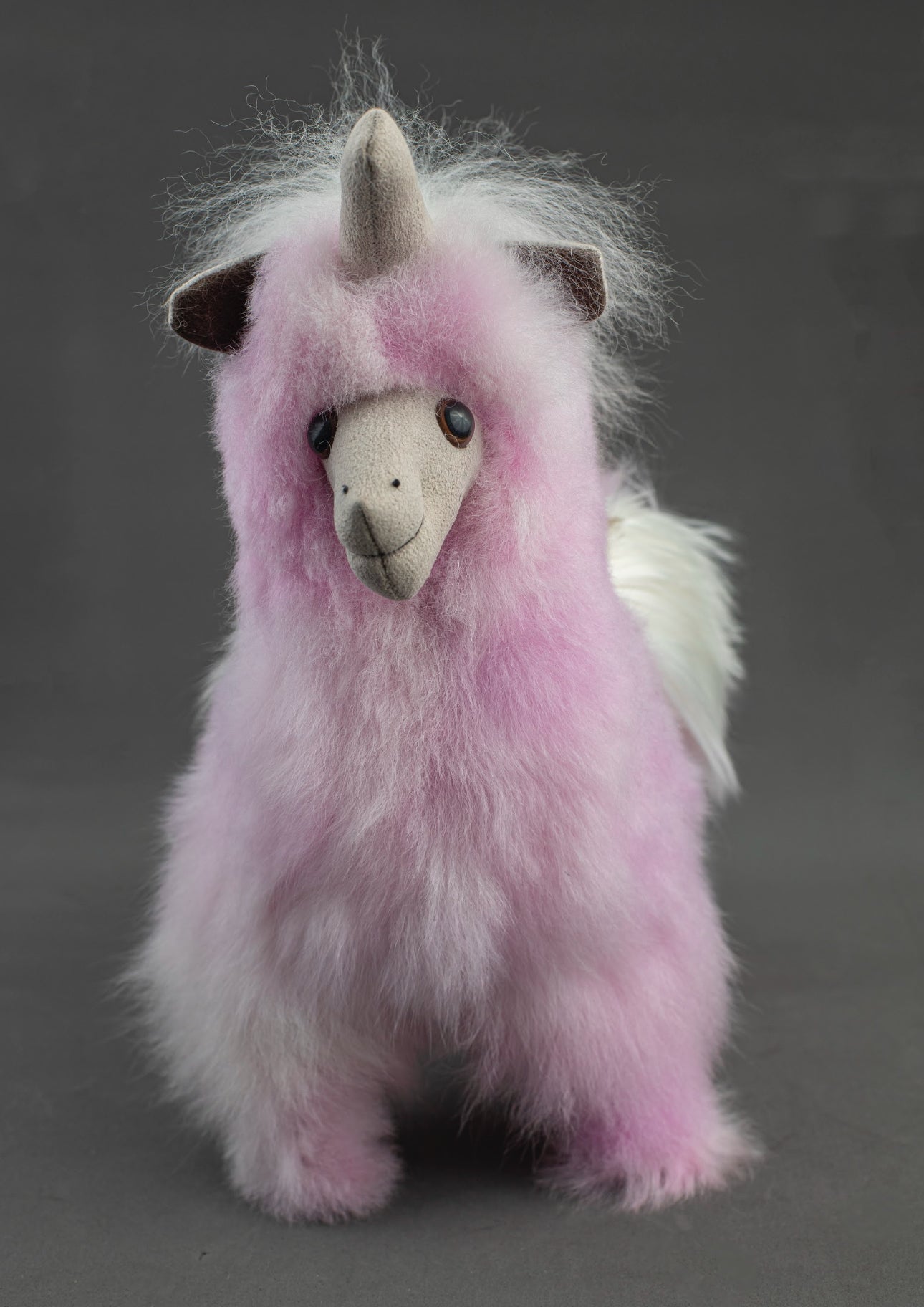 Alpaca Fur Stuffed Animal - Pink/White Unicorn