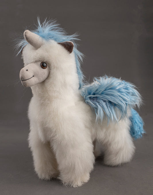 Alpaca Fur Stuffed Animal - White/Blue Unicorn