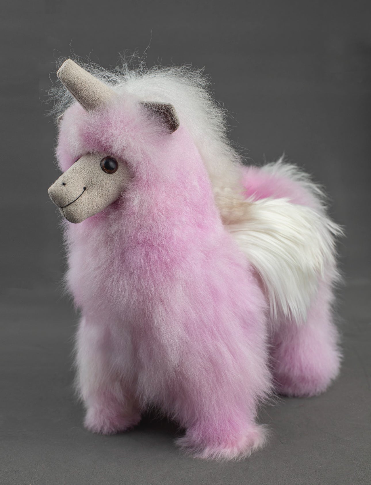 Alpaca Fur Stuffed Animal - Pink/White Unicorn