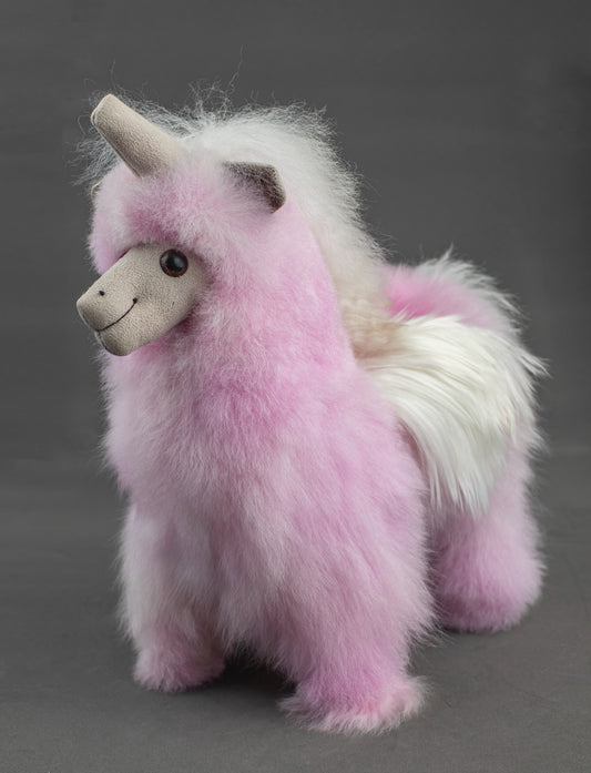 Alpaca Fur Stuffed Animal - Pink/White Unicorn